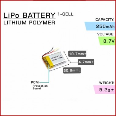 Lithium Polymer Rechargeable Battery 502030 3.7v 250mAh